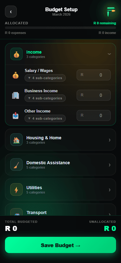 FLUX budget setup screen with income and expense categories and a Save Budget button