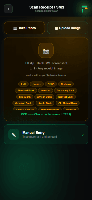 FLUX receipt and bank SMS scanner supporting all major South African banks