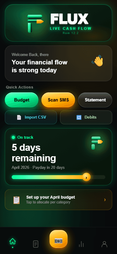 FLUX dashboard showing cash flow status, quick actions, and days remaining until payday